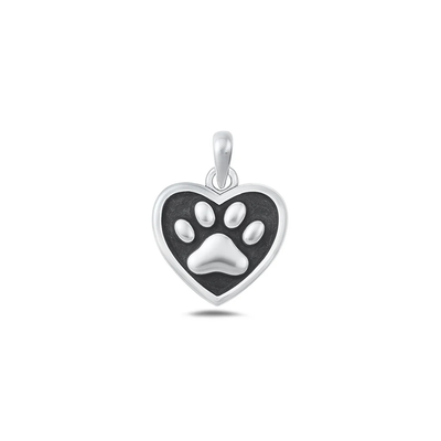 Sterling Silver Oxidized Paw Print Heart Pendant