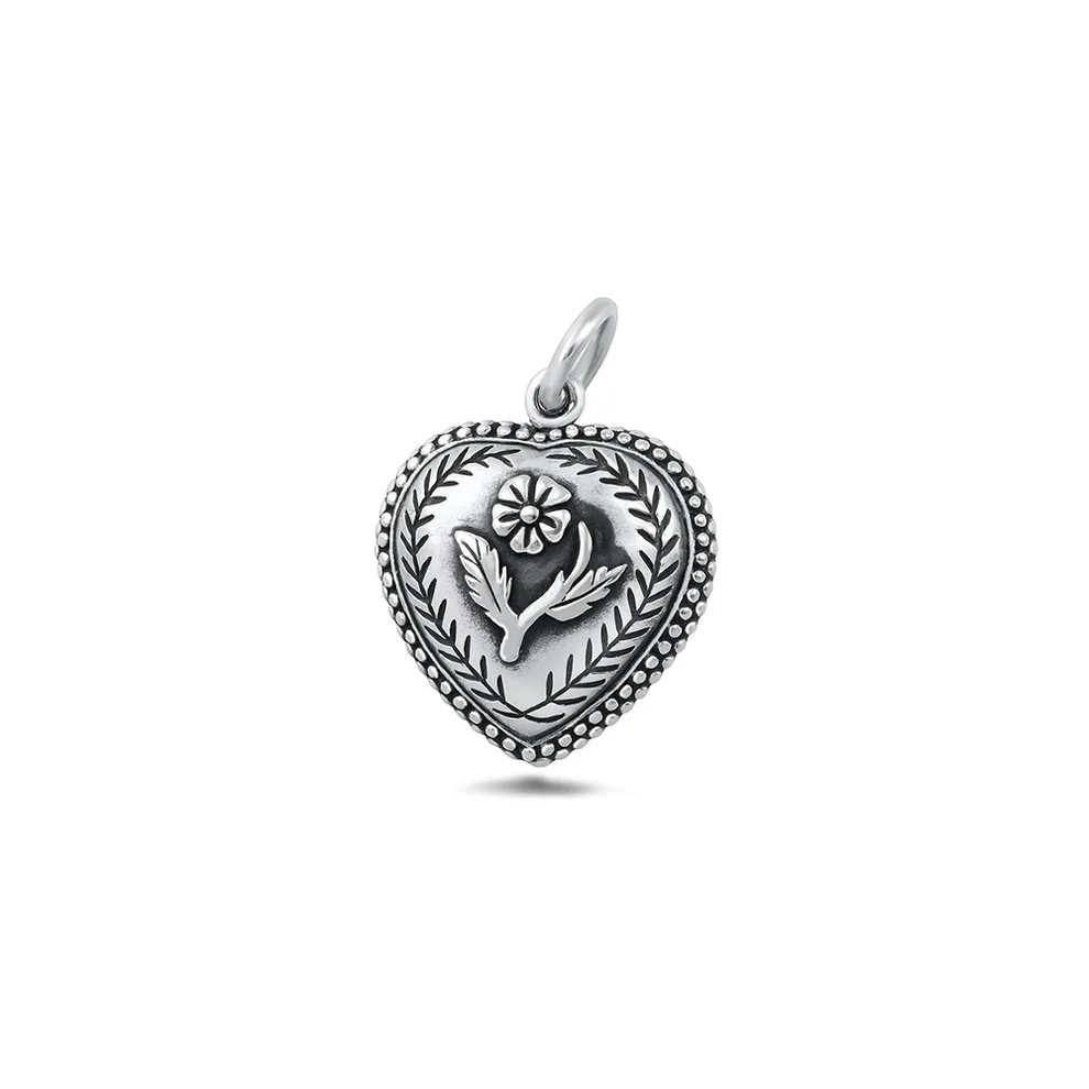 Sterling Silver Oxidized And Polished Heart And Flower Pendant