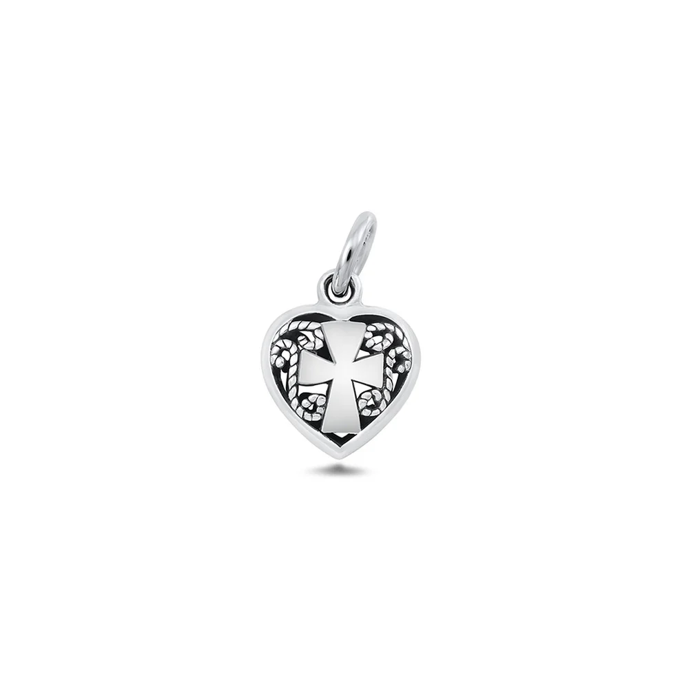Sterling Silver Oxidized And Polished Cross And Heart Filigree Pendant