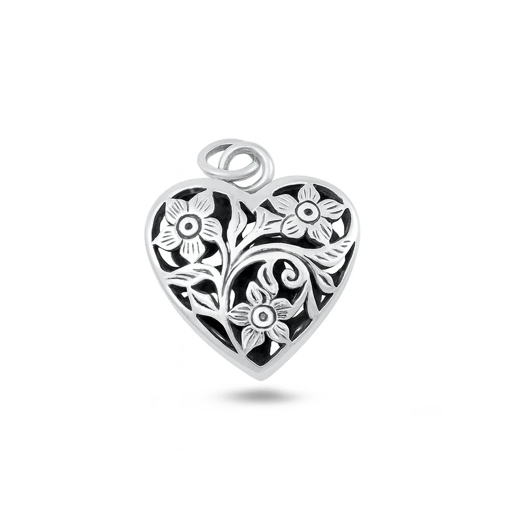 Sterling Silver Oxidized And Polished Floral Heart Pendant
