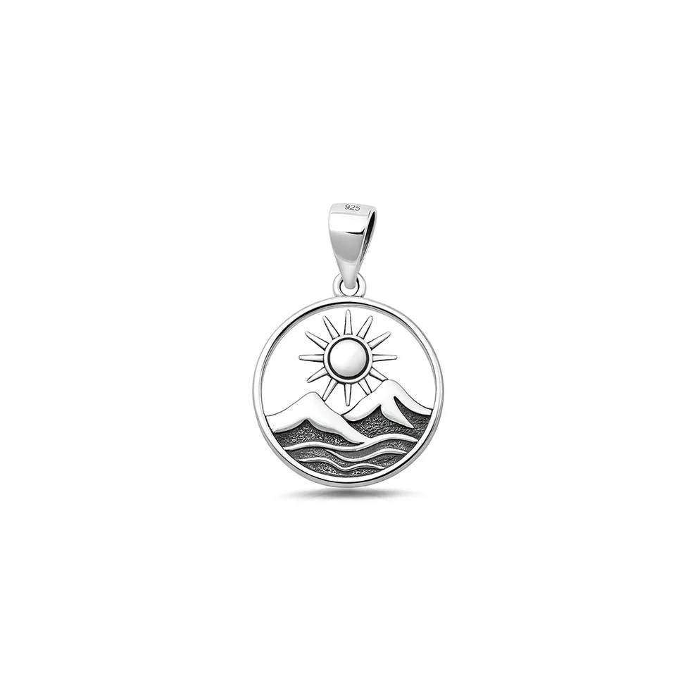 Sterling Silver Oxidized And Polished Sun And Mountains Pendant