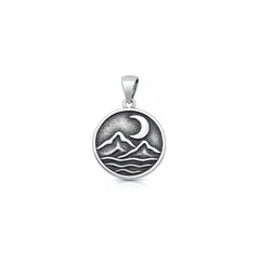 Sterling Silver Oxidized And High Polished Mountains And Moon Pendant