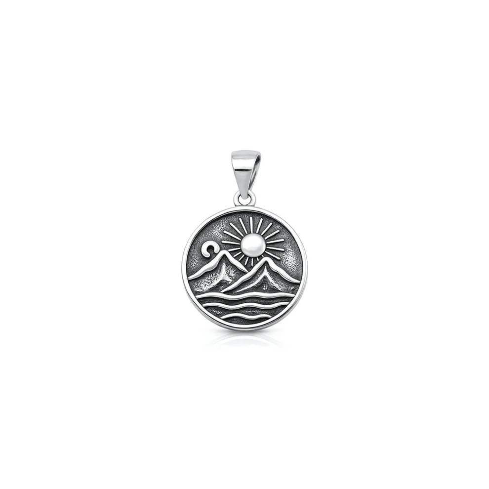 Sterling Silver Oxidized And Polished Mountains And Sun Pendant