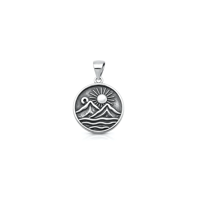 Sterling Silver Oxidized And Polished Mountains And Sun Pendant