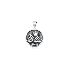 Sterling Silver Oxidized And Polished Mountains And Sun Pendant