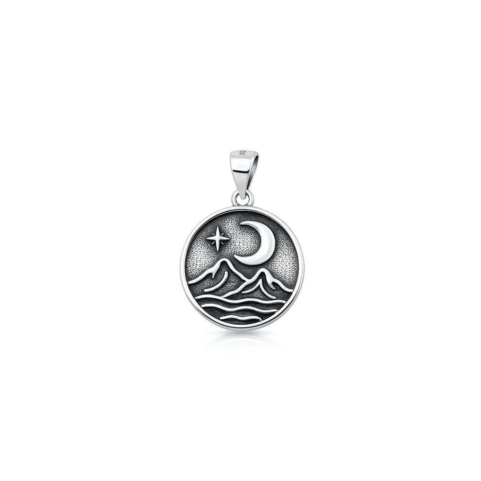 Sterling Silver Oxidized And High Polished Moon And Mountains Pendant