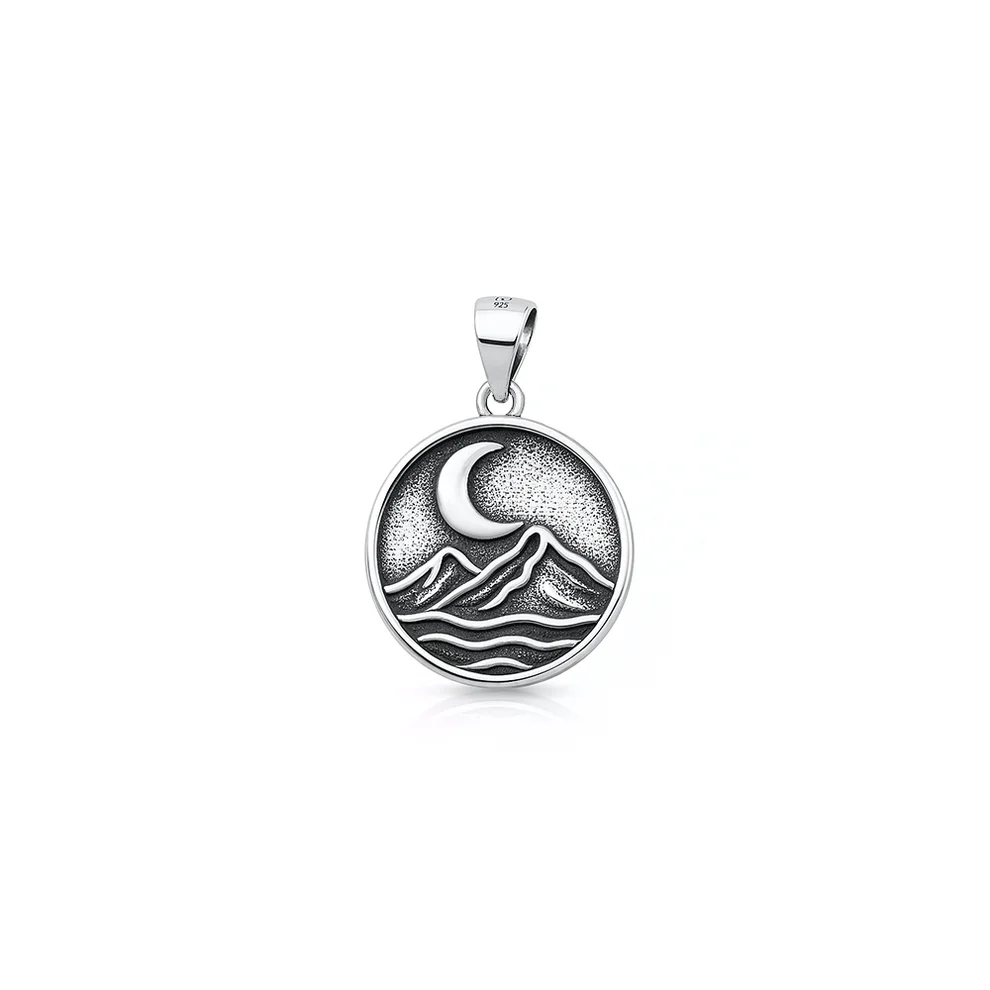 Sterling Silver Oxidized And Polished Moon And Mountains Pendant