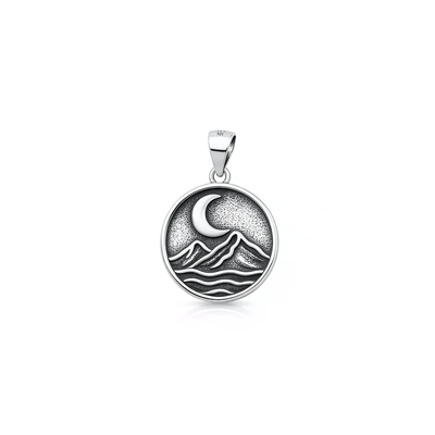 Sterling Silver Oxidized And Polished Moon And Mountains Pendant