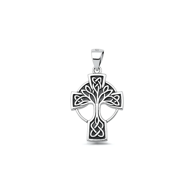 Sterling Silver Oxidized And Polished Celtic Tree Cross Pendant