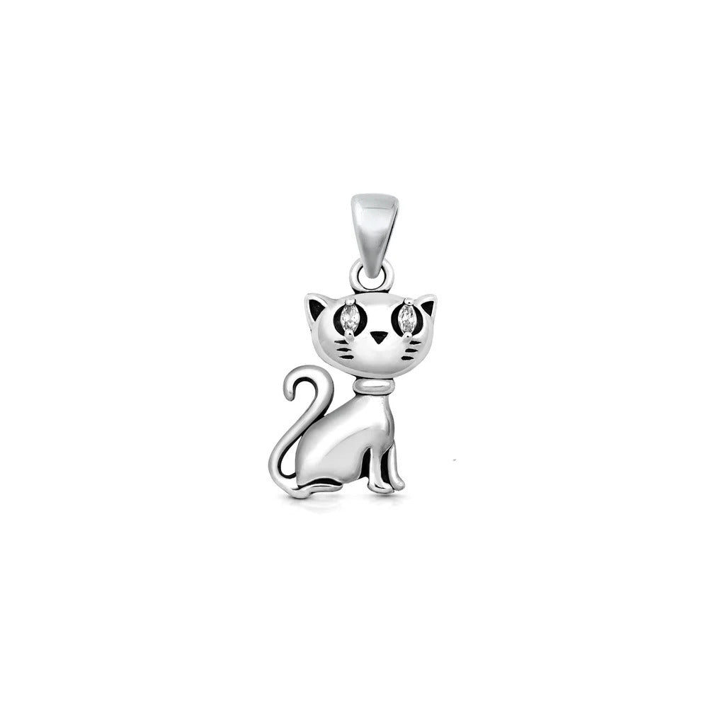 Sterling Silver Oxidized And Polished Clear CZ Cat Pendant