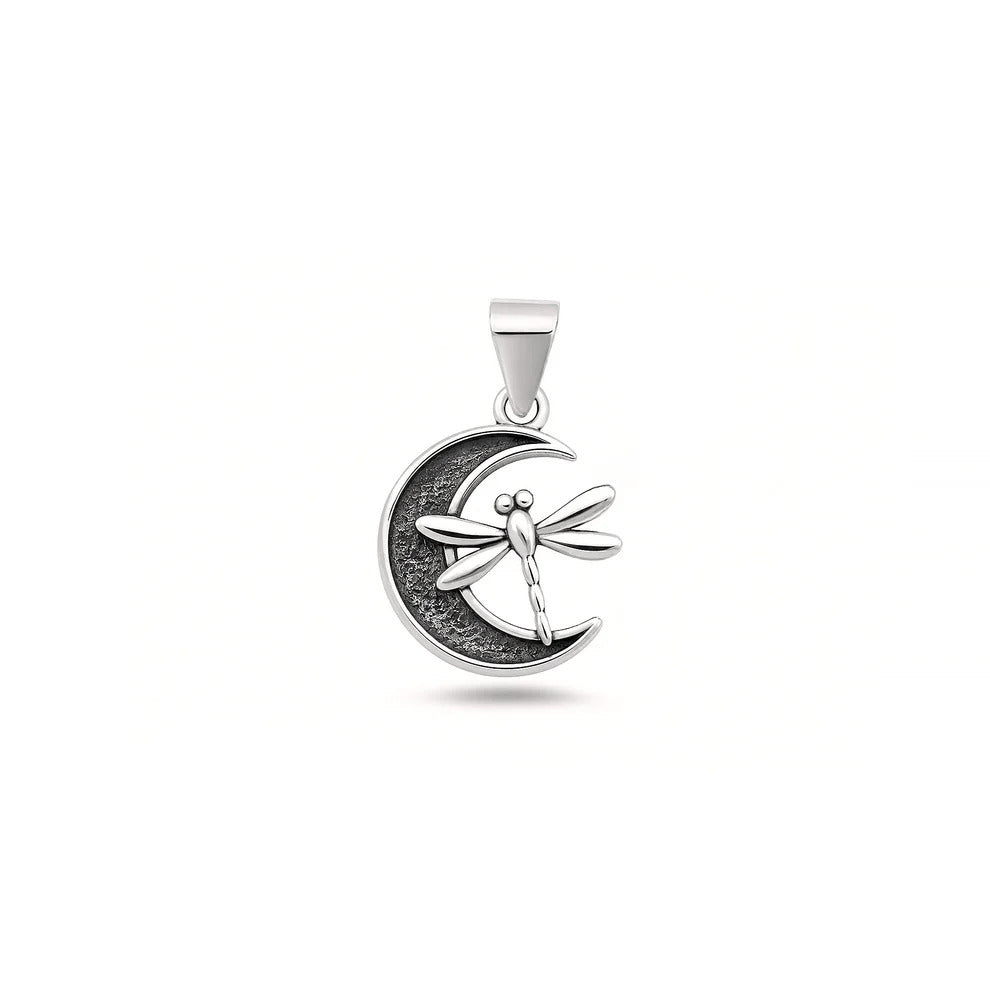 Sterling Silver Oxidized And High Polished Dragonfly Moon Pendant