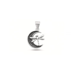 Sterling Silver Oxidized And High Polished Dragonfly Moon Pendant
