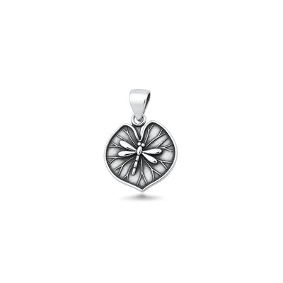 Sterling Silver Oxidized And High Polished Dragonfly And Leaf Pendant