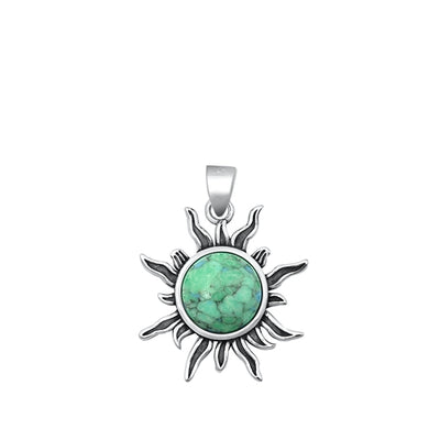 Sterling Silver Oxidized Sun Genuine Turquoise Stone Pendant
