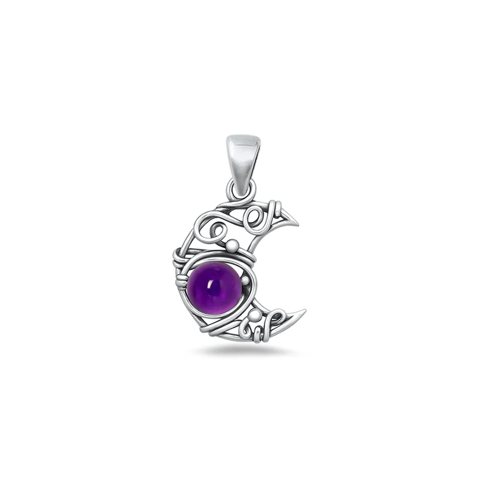Sterling Silver Oxidized And Polished Amethyst Artisan Crescent Moon Stone Pendant