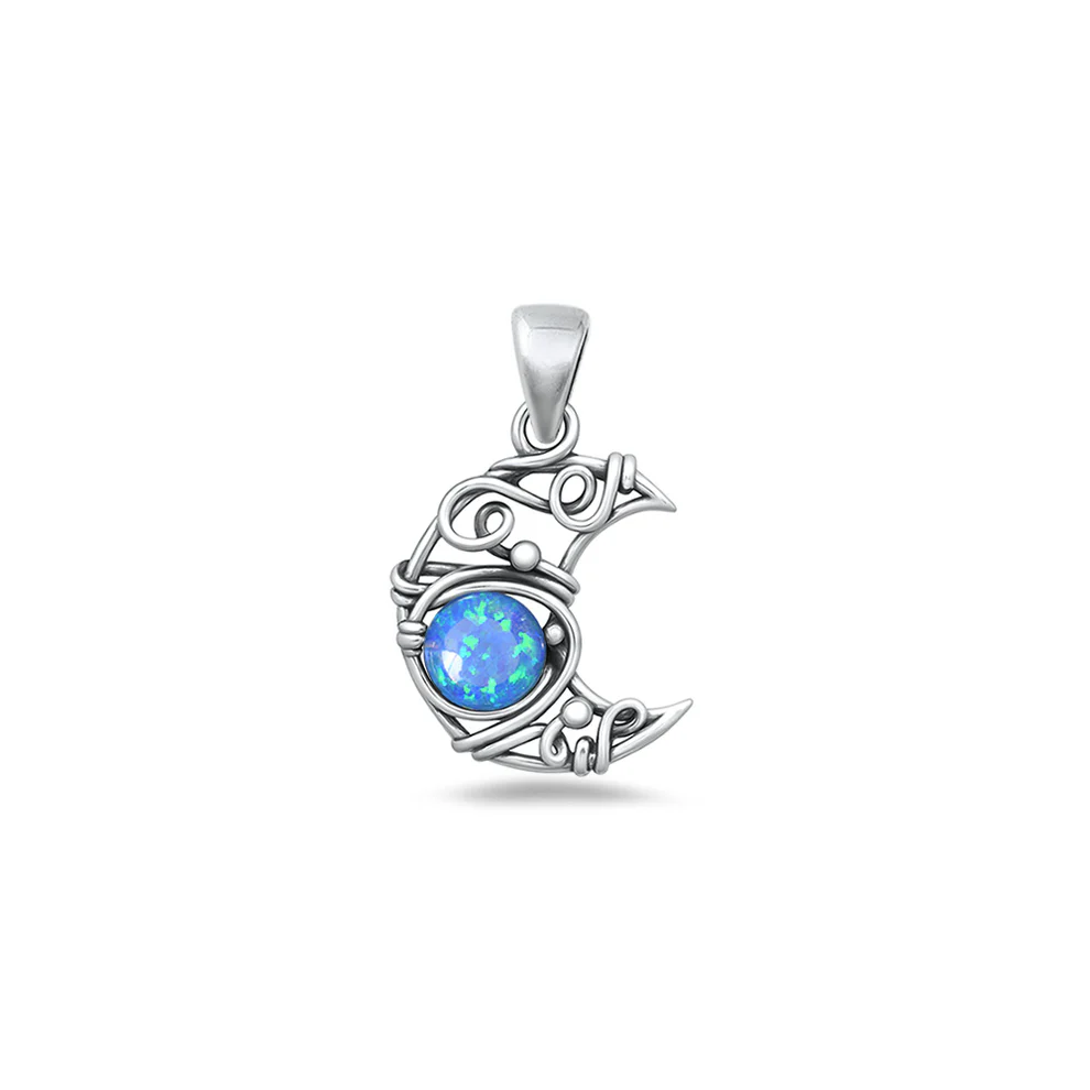 Sterling Silver Oxidized And Polished Blue Lab Opal Artisan Crescent Moon Stone Pendant