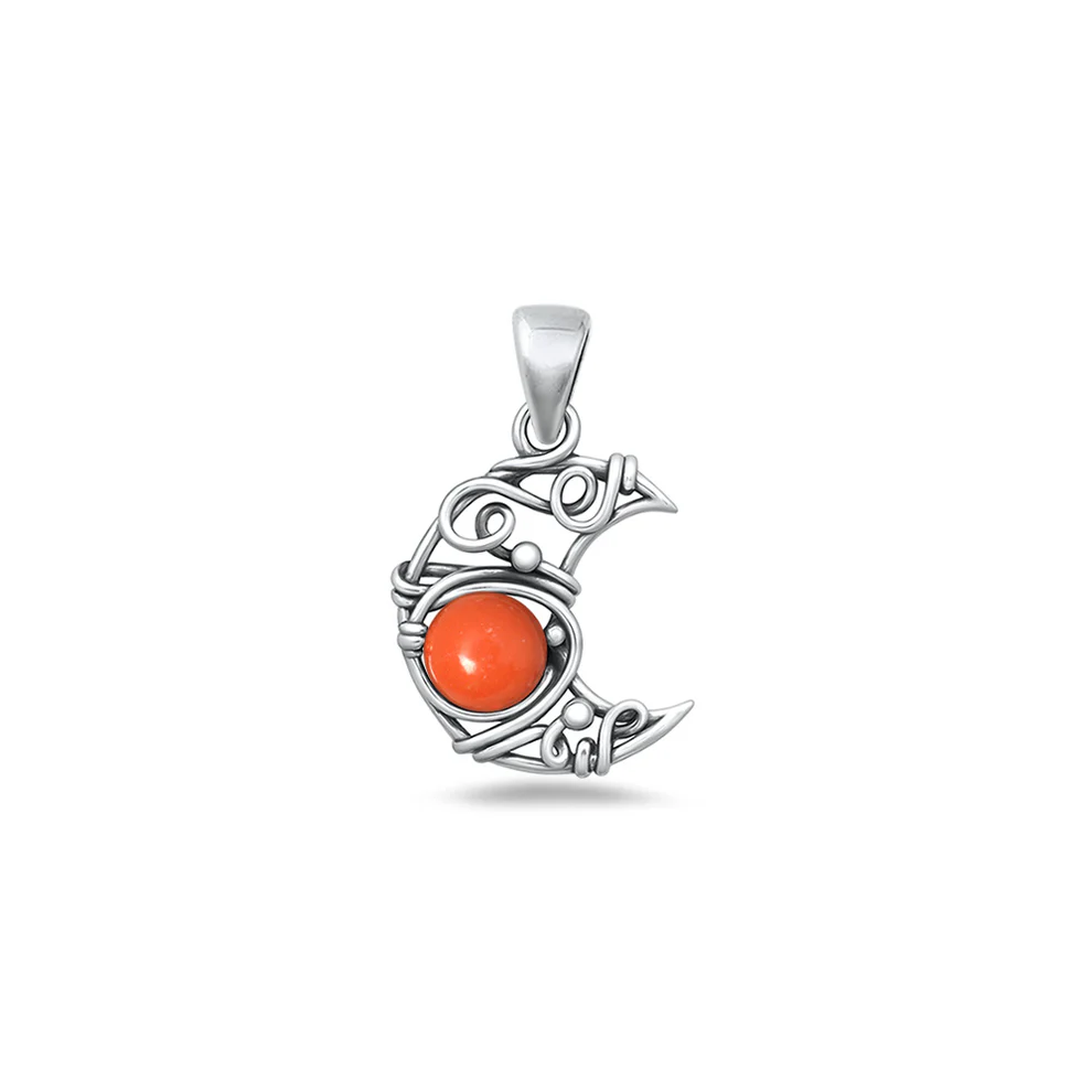 Sterling Silver Oxidized And Polished Red Coral Artisan Crescent Moon Stone Pendant