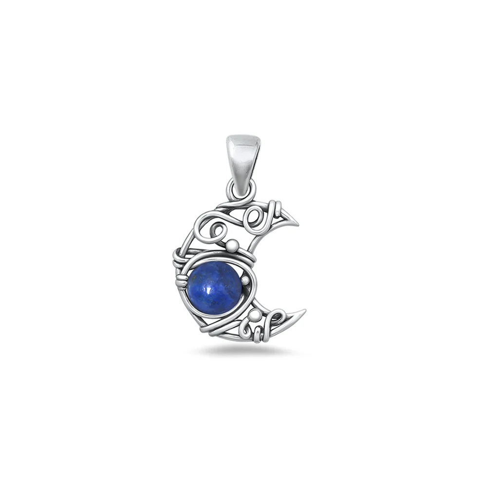 Sterling Silver Oxidized And Polished Blue Lapis Artisan Crescent Moon Stone Pendant