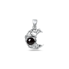Sterling Silver Oxidized And Polished Black Agate Artisan Crescent Moon Stone Pendant