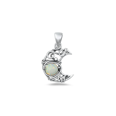 Sterling Silver Oxidized And Polished White Lab Opal Artisan Crescent Moon Stone Pendant