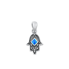 Load image into Gallery viewer, Sterling Silver Oxidized And Polished Blue Lab Opal Hamsa Pendant