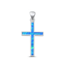 Load image into Gallery viewer, Sterling Silver Polished Cross Blue Lab Opal Pendant