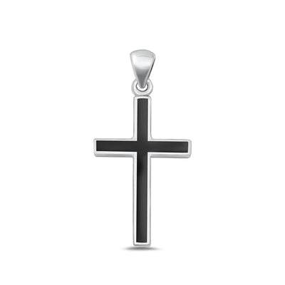 Sterling Silver Polished Cross Black Onyx Stone Pendant