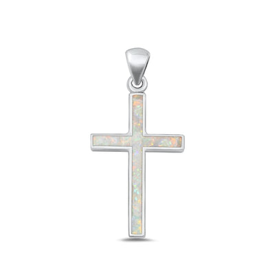 Sterling Silver Polished Cross White Lab Opal Pendant