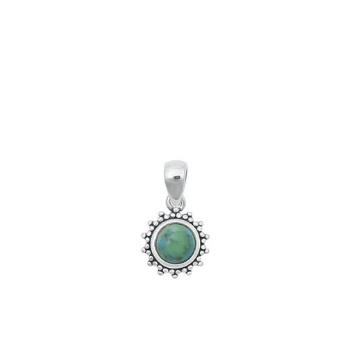 Sterling Silver Oxidized Genuine Turquoise Stone Round Bali Style Pendant