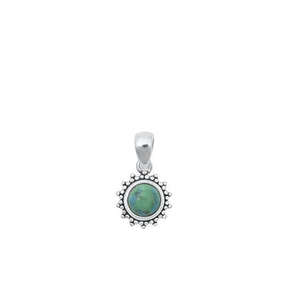 Sterling Silver Oxidized Genuine Turquoise Stone Round Bali Style Pendant