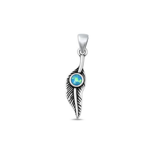 Sterling Silver Oxidized Feather Blue Lab Opal Stone Pendant