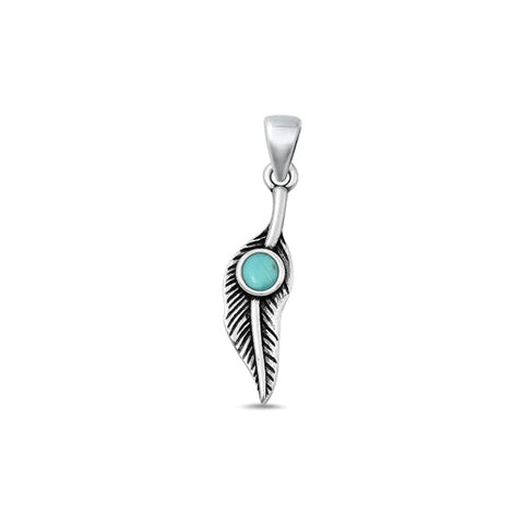 Sterling Silver Oxidized Feather Genuine Turquoise Stone Pendant