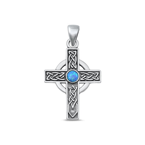 Sterling Silver Oxidized Celtic Cross Blue Lab Opal Stone Pendant