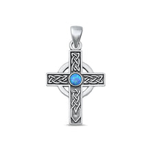 Load image into Gallery viewer, Sterling Silver Oxidized Celtic Cross Blue Lab Opal Stone Pendant