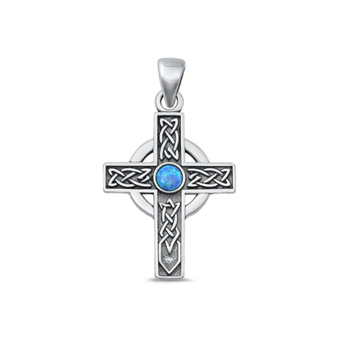 Sterling Silver Oxidized Celtic Cross Blue Lab Opal Stone Pendant