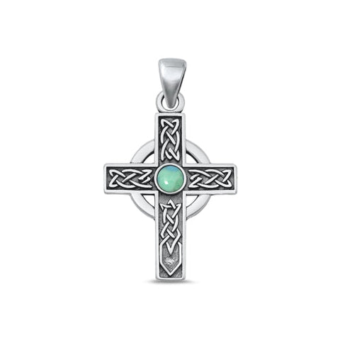 Sterling Silver Oxidized Celtic Cross Genuine Turquoise Stone Pendant