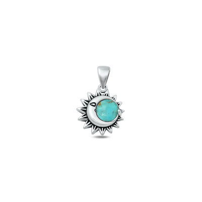 Sterling Silver Oxidized Moon And Sun Genuine Turquoise Stone Pendant