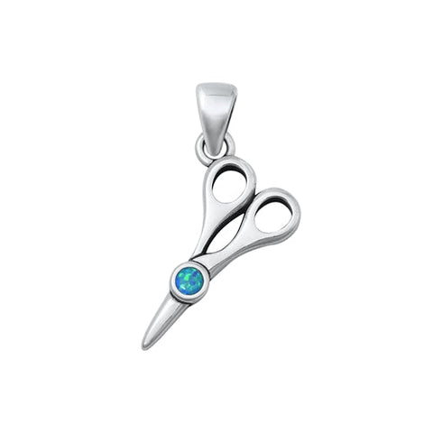 Sterling Silver Oxidized Scissors Blue Lab Opal Stone Pendant