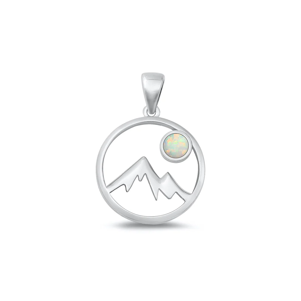 Sterling Silver Oxidized White Lab Opal Mountains And Moon Pendant