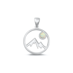 Sterling Silver Oxidized White Lab Opal Mountains And Moon Pendant
