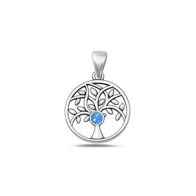 Sterling Silver Oxidized And High Polished Tree Of Life Blue Lab Opal Pendant