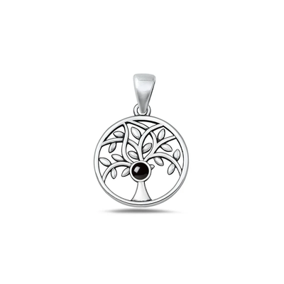 Sterling Silver Oxidized And High Polished Tree Of Life Black Agate Stone Pendant