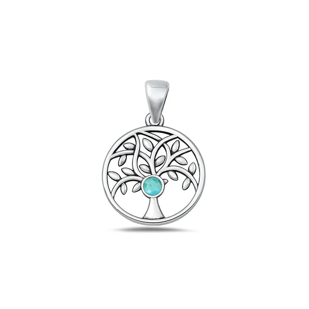 Sterling Silver Oxidized And High Polished Tree Of Life Genuine Turquoise Stone Pendant