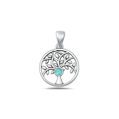 Sterling Silver Oxidized And High Polished Tree Of Life Genuine Turquoise Stone Pendant
