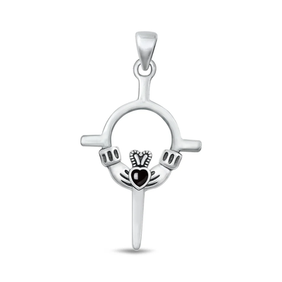 Sterling Silver Oxidized Claddagh Black Agate Stone Pendant