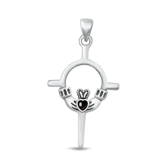 Sterling Silver Oxidized Claddagh Black Agate Stone Pendant
