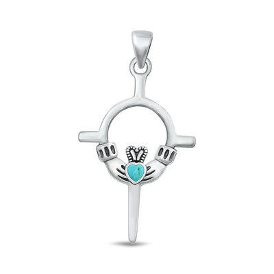 Sterling Silver Oxidized Claddagh Genuine Turquoise Stone Pendant