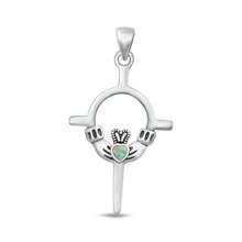 Load image into Gallery viewer, Sterling Silver Oxidized Claddagh White Lab Opal Pendant