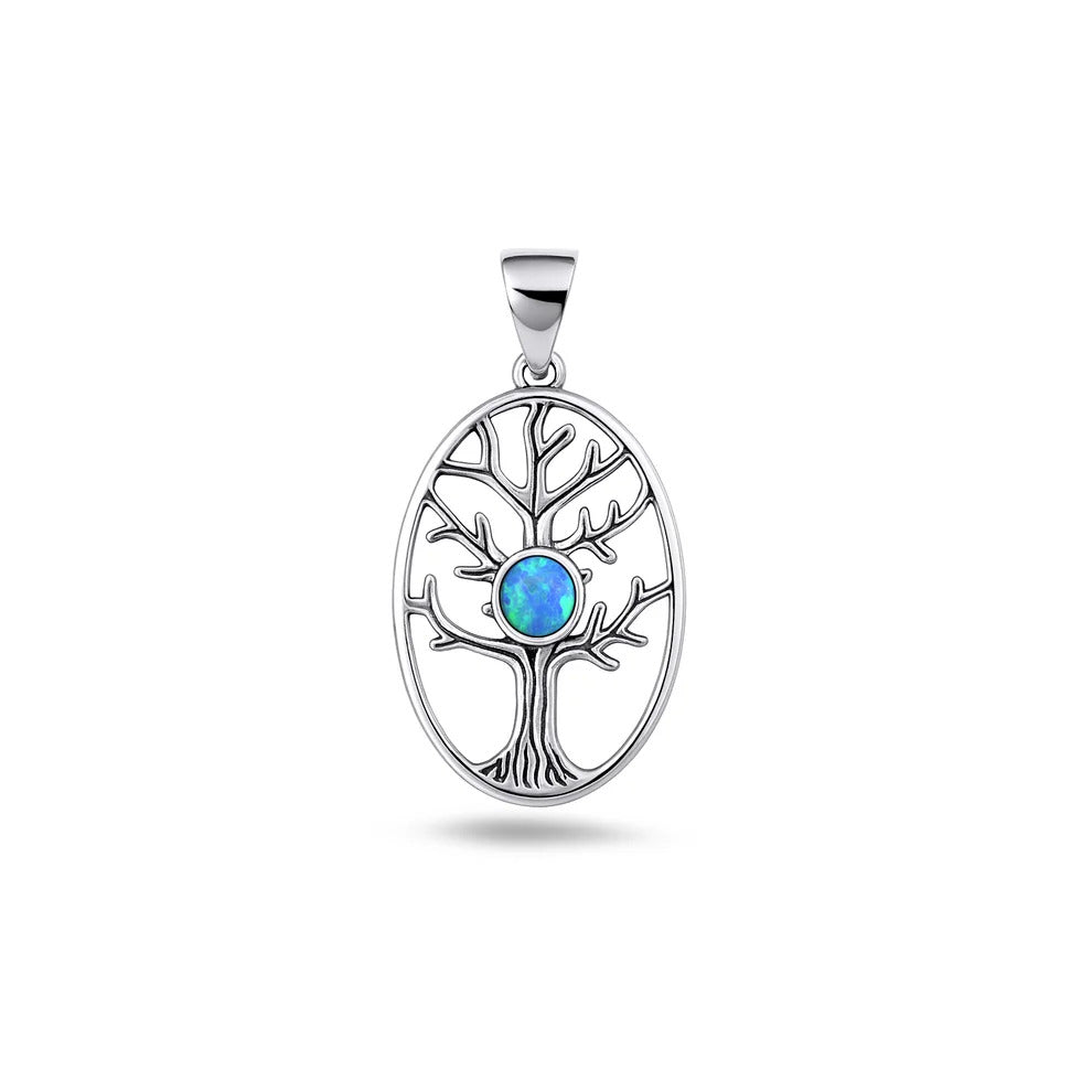 Sterling Silver Oxidized And Polished Blue Lab Opal Tree Of Life Pendant