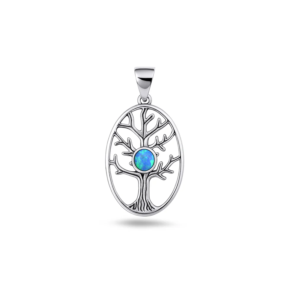Sterling Silver Oxidized And Polished Tree Of Life Blue Lab Opal Pendant